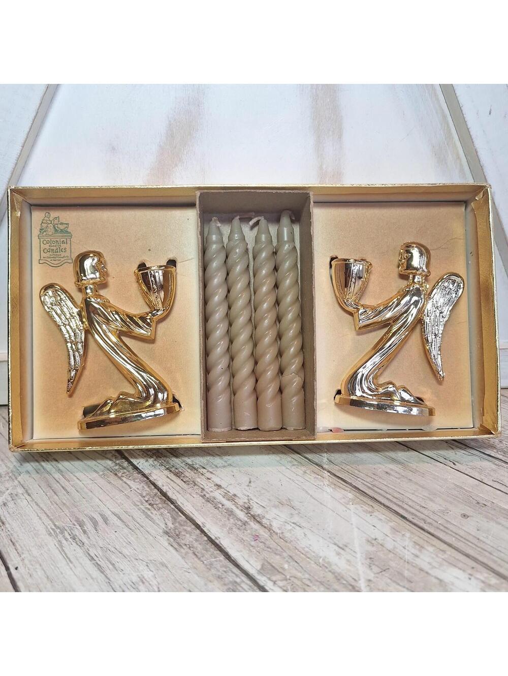 Set of 2 Goldtone Angel Finial Candlestick Holders w/Spiral Shaped Candles VTG